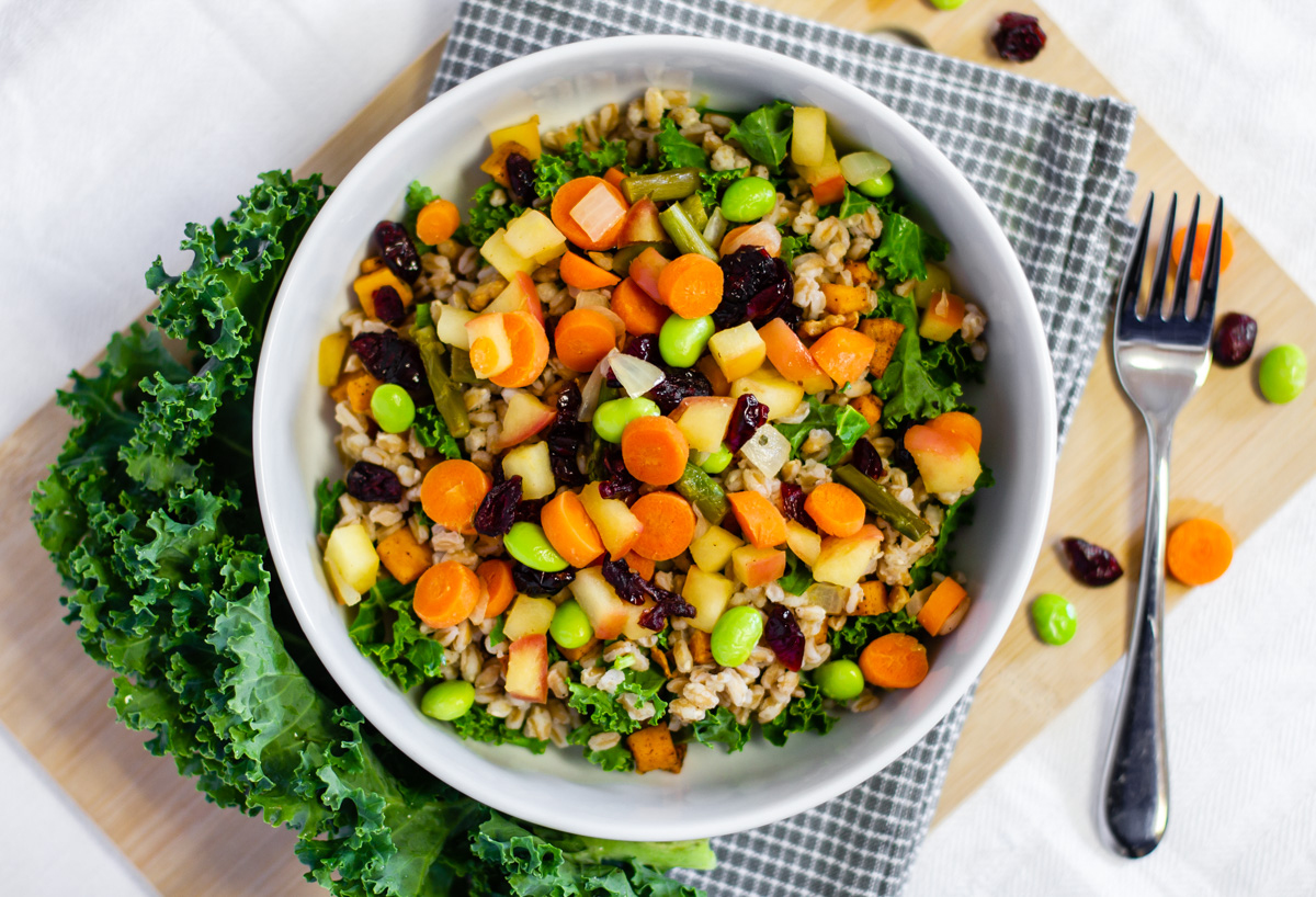 Farro Bowl with Sweet Potatoes and Kale