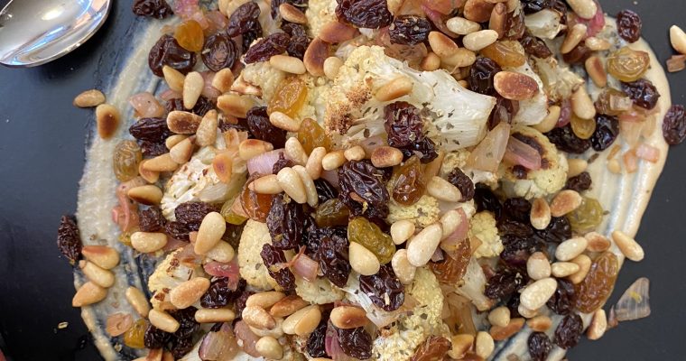 Roasted Cauliflower with Raisins, Pine Nuts, and Soy Tahini