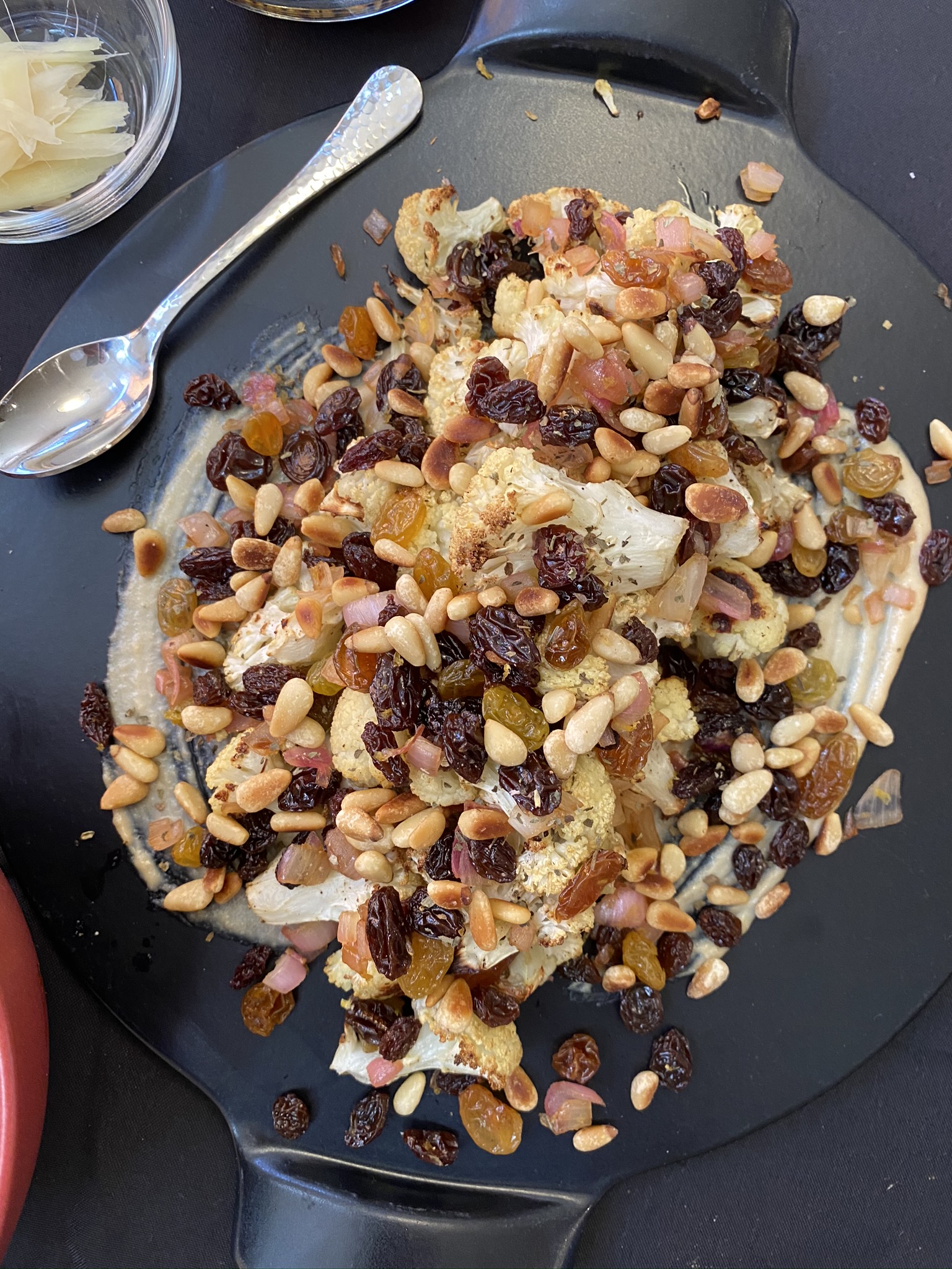 Roasted Cauliflower with Raisins, Pine Nuts, and Soy Tahini